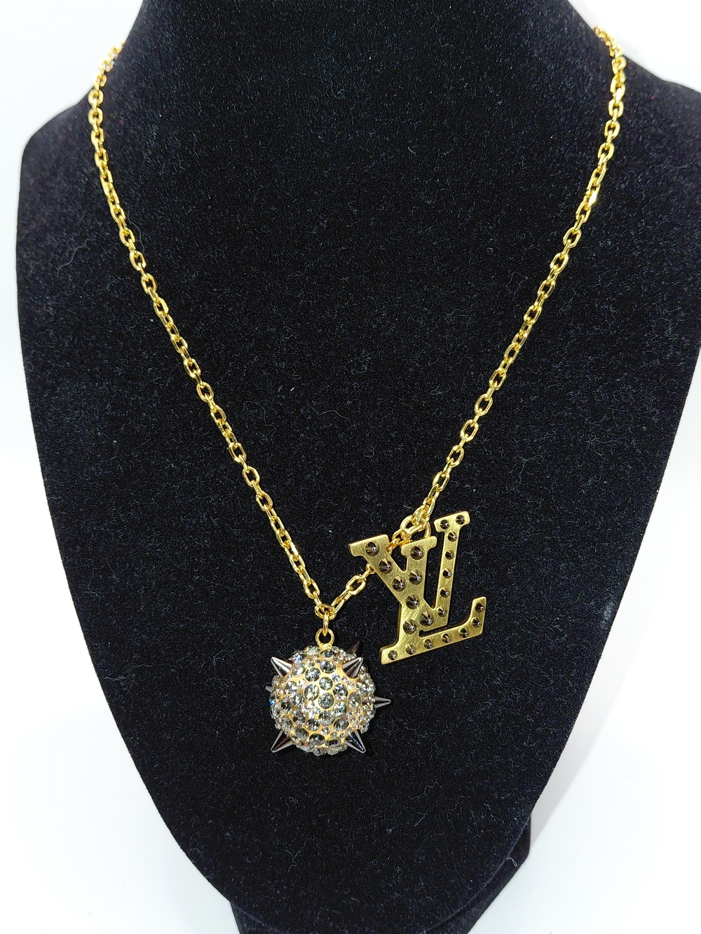 Louis Vuitton Gold-Tone Crystal Spike & LV Logo Pendant Necklace VGC!